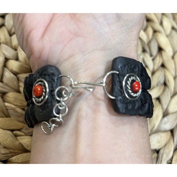 VTG Braided Leather Stainless Silver Malachite Coral Owl Bracelet Bird Lovers - Picture 4 of 9